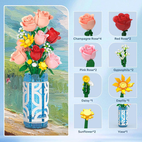 CUBIMANA 14 Flowers Bouquet Building Set with Vase and LED Light, Mother's Day 747 PCS