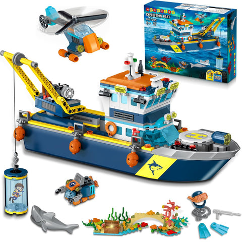 HOGOKIDS City Floatable Boat Building Set with LED Light - Fun Arctic Explorer Ship Building Block Kit Ocean Exploration with Helicopter, Sub,for 6+ Years Kids