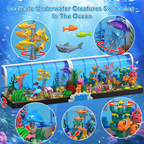 HOGOKIDS Aquarium Building Sets - 2 Styles Oceanarium Building Toy for Kids Adults, Pivoting Undersea Fish Tank Includs Dolphins Shark Crab Fish Jellyfish Animals Construction Gift for Boys Girls 6-12