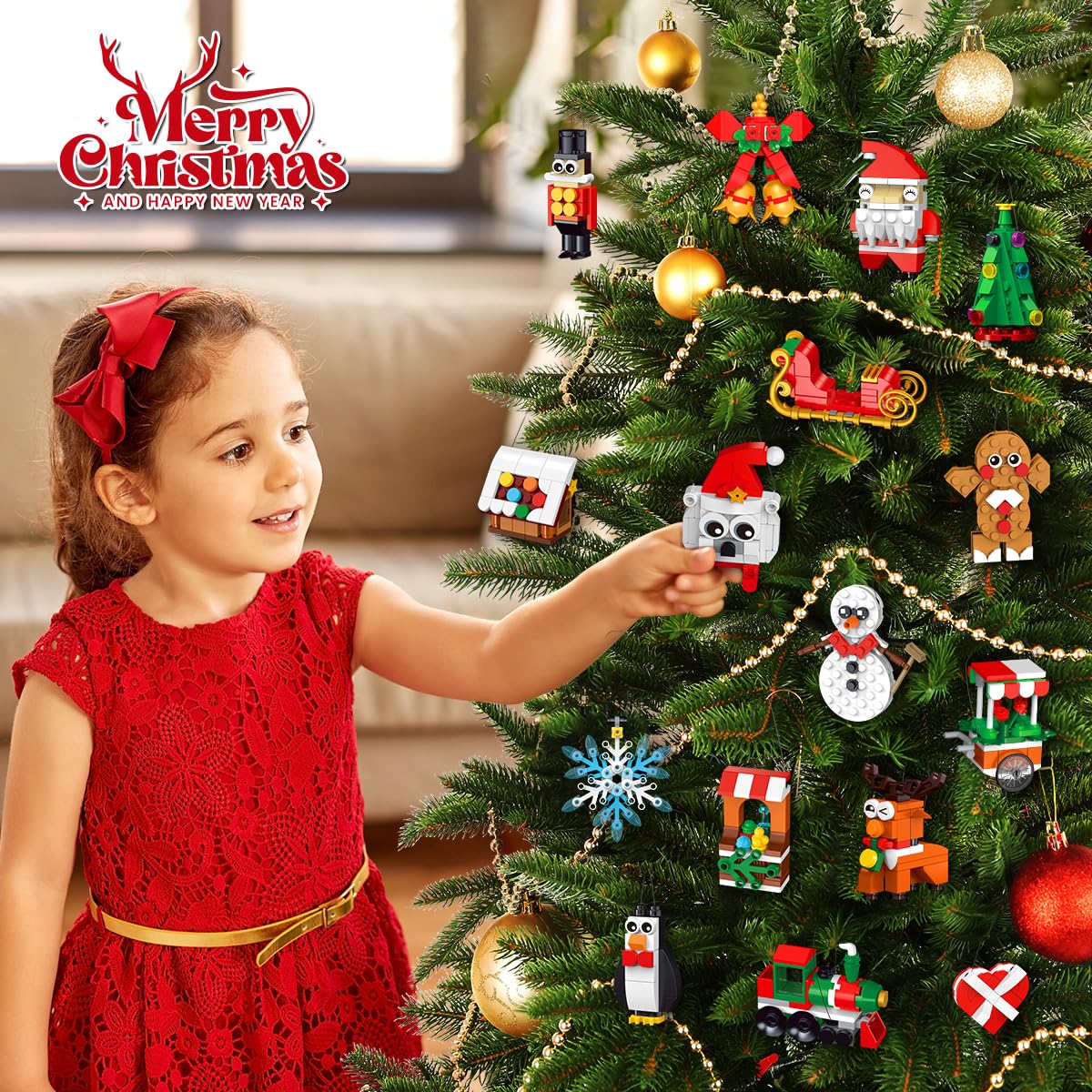 HOGOKIDS 24 Packs Christmas Ornaments Building Set Hanging