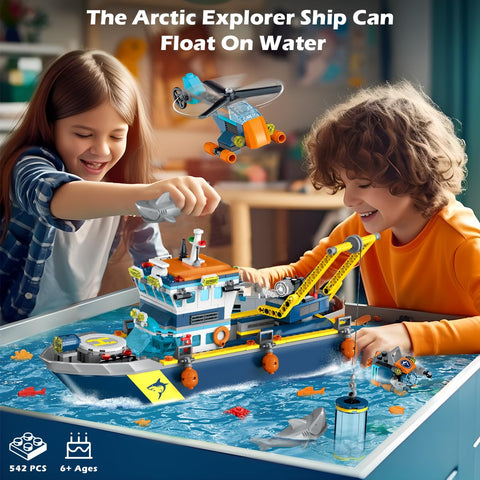 HOGOKIDS City Floatable Boat Building Set with LED Light - Fun Arctic Explorer Ship Building Block Kit Ocean Exploration with Helicopter, Sub,for 6+ Years Kids