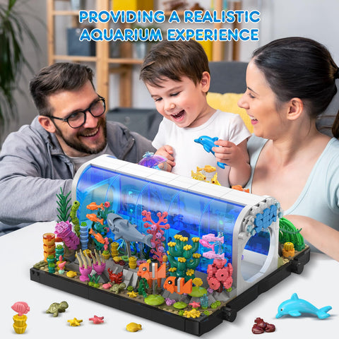 HOGOKIDS Aquarium Building Sets - 2 Styles Oceanarium Building Toy for Kids Adults, Pivoting Undersea Fish Tank Includs Dolphins Shark Crab Fish Jellyfish Animals Construction Gift for Boys Girls 6-12