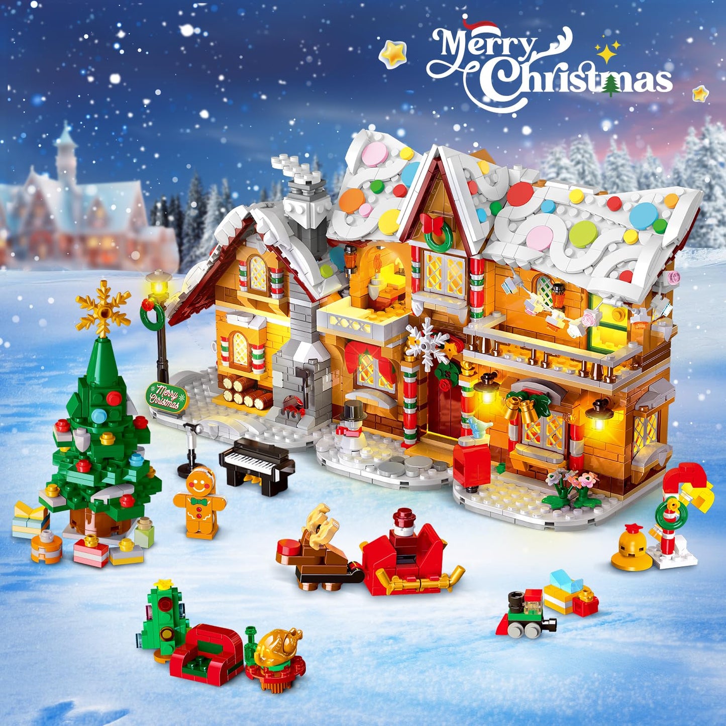 2024 Christmas Gingerbread House Building Toy with LED Light - 3 Style Modes Gingerbread Village House Building Block Set with Santa Claus Xmas Tree Train for Adults Kids Girls Boys Ages 8+ (1397 PCS)