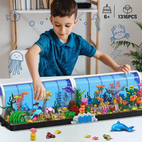HOGOKIDS Aquarium Building Sets - 2 Styles Oceanarium Building Toy for Kids Adults, Pivoting Undersea Fish Tank Includs Dolphins Shark Crab Fish Jellyfish Animals Construction Gift for Boys Girls 6-12