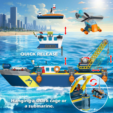 HOGOKIDS City Floatable Boat Building Set with LED Light - Fun Arctic Explorer Ship Building Block Kit Ocean Exploration with Helicopter, Sub,for 6+ Years Kids