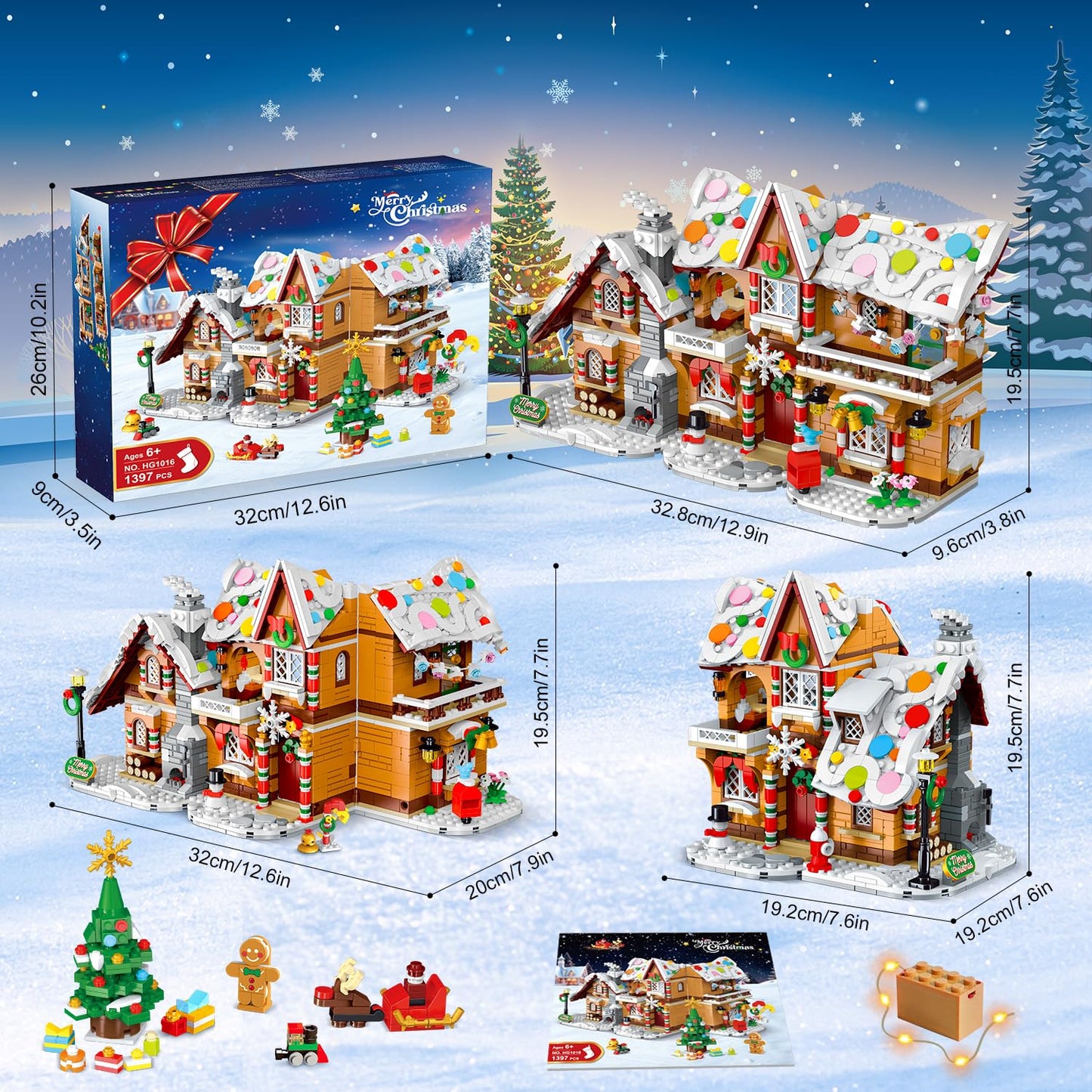 2024 Christmas Gingerbread House Building Toy with LED Light - 3 Style Modes Gingerbread Village House Building Block Set with Santa Claus Xmas Tree Train for Adults Kids Girls Boys Ages 8+ (1397 PCS)