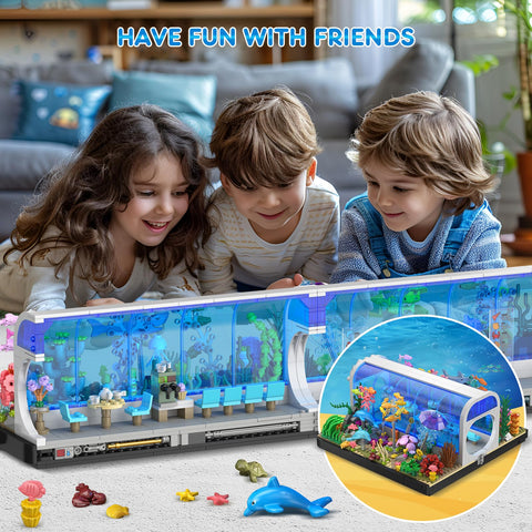 HOGOKIDS Aquarium Building Sets - 2 Styles Oceanarium Building Toy for Kids Adults, Pivoting Undersea Fish Tank Includs Dolphins Shark Crab Fish Jellyfish Animals Construction Gift for Boys Girls 6-12