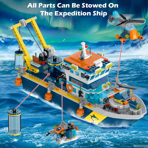 HOGOKIDS City Floatable Boat Building Set with LED Light - Fun Arctic Explorer Ship Building Block Kit Ocean Exploration with Helicopter, Sub,for 6+ Years Kids