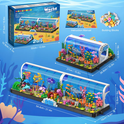 HOGOKIDS Aquarium Building Sets - 2 Styles Oceanarium Building Toy for Kids Adults, Pivoting Undersea Fish Tank Includs Dolphins Shark Crab Fish Jellyfish Animals Construction Gift for Boys Girls 6-12