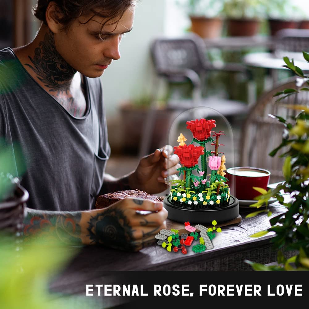 HOGOKIDS Flower Bouquet Building Kit - 596 PCS Beloved Gift Bonsai Tree Sets with Cover Botanical Collection Building Blocks | Birthday Mini Bricks Gift for Adult Girlfriend Wife (Red Roses)