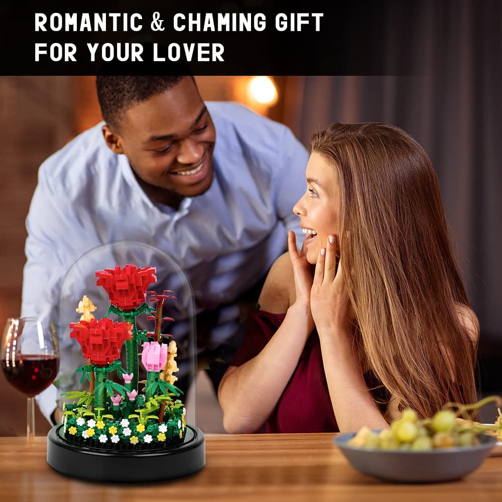 HOGOKIDS Flower Bouquet Building Kit - 596 PCS Beloved Gift Bonsai Tree Sets with Cover Botanical Collection Building Blocks | Birthday Mini Bricks Gift for Adult Girlfriend Wife (Red Roses)