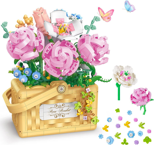 Bonsai Rose Flowers Basket Building Blocks Set, Valentines Day Gift | Home Décor (1277 PCS)